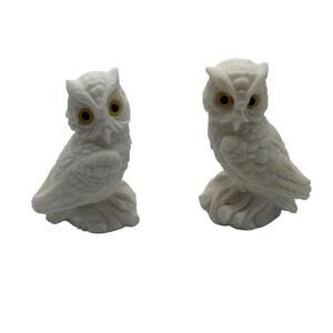 Pair of Vintage Alabaster Owl Figurines Hypnotic Yellow Eyes